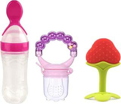Kajaree Silicone Fruit Teether & Food Nibbler & Spoon Bottle (Multicolor) (Pack of 3) Teether and Feeder(multi 8)