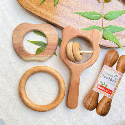 BABYCOV Natural Neem Wood Teether sets for 3+ Months Baby (Set of 3) Teether(Brown)