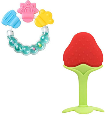 Sparkle Joy Rattle Teether & Teether Combo | BPA-Free Silicone Rattle Teether & Teething Teether(Red & Green)