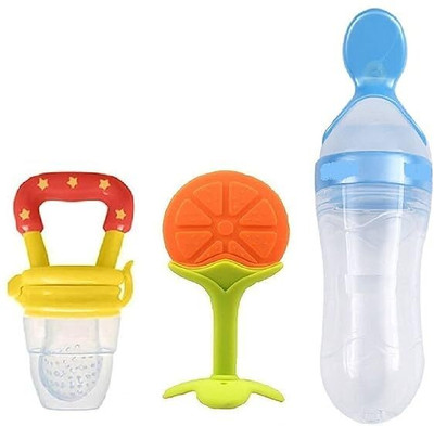 qtypie 3 in1 Baby Combo Set-Feeding Bottle with Spoon, & Teether & Food Nibbler Teether and Feeder(Multicolor)