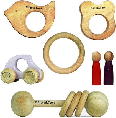 Natural.Toys Wood Teether Combo (Dumbbell Rattler+Mouse +Bird+Ring+Two Peg Dolls+Toy Car) Teether(Natural)