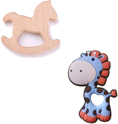 EssCubes Enterprise Natural Organic Neem Wooden Teether for Babies Chew Biting Soothes Sore Gums Teether(Horse Giraffe BPA free Natural Neem Wooden Silicon Toy Teething Biting Set of 2)