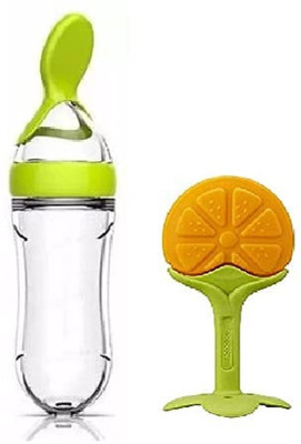 K3NTERPRISES Bottle Silicone Squeeze Feeding Spoon and Fruit Shape Silicone Teether Teether and Feeder(GRREN, ORANGE)
