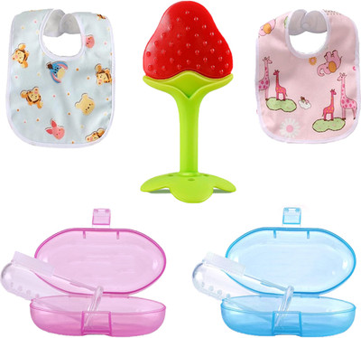 AVP 5 Pieces Combo Set For Your New Born Babies (Multicolor) Teether and Feeder(Multicolor)
