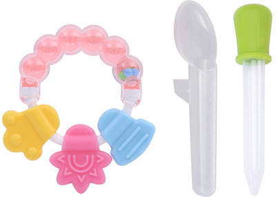 The Cheeky Kidzz Baby Medicine Dropper Spoon Set With Ring Shape Rattle Teether BPA Free Teether and Feeder(Pink)