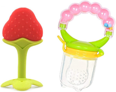 Vadhavan 1pc fruit shape teether with 1pc rattle handle fruit feeder for new born baby Teether and Feeder(Multicolor)