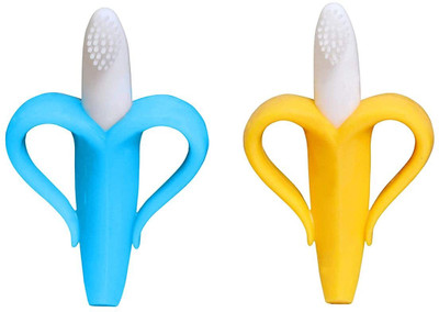 Dhochak Silicone Banana BPA Free Material Teether for Baby/Toddlers/Infants(Pack of 2) Teether(Yellow, Blue, Multicolor)