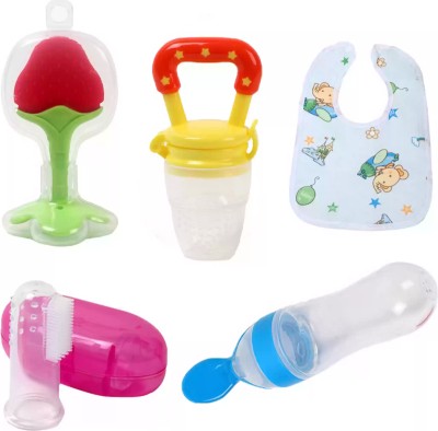 cismoline Fruit Feeder, Baby Food Dispensing Spoon ,Teether, Finger Brush, Baby bib Teether and Feeder(Multicolor)