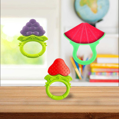 Joy Buzz Soft & Safe Fruit-Shaped Baby Teether(Blue & Red & Red) (Set of 3) Teether(Multicolor 5)