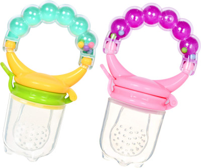 smilykid Baby Fruit nibbler with rattle and Feeding bottle with spoon for kids Teether and Feeder(Green & Purple)
