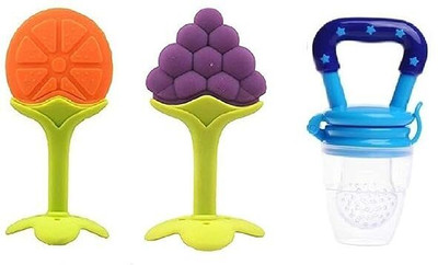 Chicbunny PACK OF 3PCS SILICONE FRUIT SHAPE TEETHER WITH FRUIT NIBBLER Teether and Feeder(Multicolor)