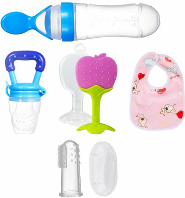 Smiley mia Baby fruit nibbler, teether, finger brush, bib & spoon feeder for feeding(Multicolor)