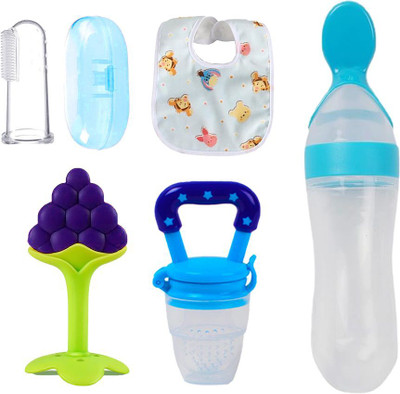 THEELEVEN Baby Fruit teether with spoon feeder, Nibbler, Fingerbrush & bib/Appron for care Teether and Feeder(Sky blue)
