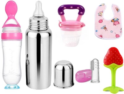 XIIAA BABY COMBO OF 6ITEMS TEETHER,BOTTLE,FEEDER,BIB.BRUSH,FRUIT FEEDER Feeder(PINK combo)