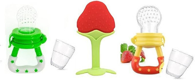K3NTERPRISES Teether Fruit Shape Silicone Teether for 6 to 12 Months Baby (Combo Pack of 3) Teether and Feeder(YELLOW,GREEN,RED)