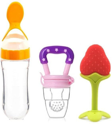 Chicbunny 3 Pieces Feeding Milk Bottle & Baby Fruit Nibbler & Silicone Teether Teether and Feeder(Multicolor)