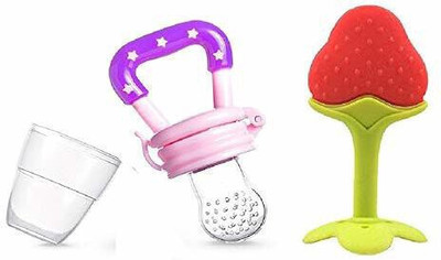 IRSHYAN KIDZGHAR Baby Teether Fruit Shape Silicone Teether for 6 to 12 Months Baby BPA Free (Combo Saver Pack of 2) (Strawbery & Pink Pacifier) Teether and Feeder(Multicolor)