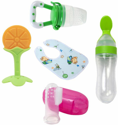 Smiley mia Baby combo of 5, feeding with teether, Nibbler, brush with bib for feeding Teether and Feeder(Beige)