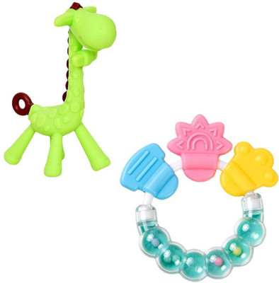 Sparkle Joy Silicone Combo Of Giraffe Shape & Rattle Handle Teethers - Multicolor Teether(GREEN&GREEN)