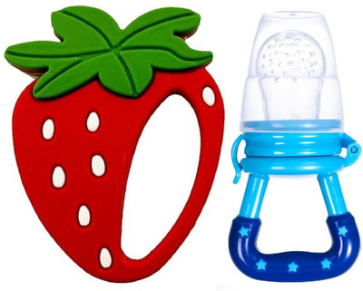 GREST Silicone Strawberry Shape Red Teether & Food Nibbler for Babies Teether and Feeder(Multicolor)
