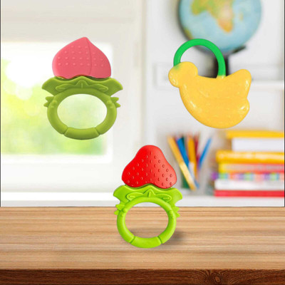 Joy Buzz Soft & Safe Fruit-Shaped Baby Teether (Peach & Red & Yellow) (Set of 3) Teether(Multicolor 3)