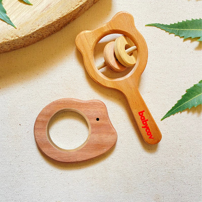 BABYCOV Natural Neem Wood Teether sets for 3+ Months Baby (Set of 2) Teether(Brown)