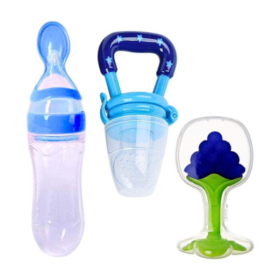 Kidsify Baby Cereal Rice Paste Squeeze Feeding Milk Bottle Food Feeder & Baby Fruit Nibbler Soother & Silicone Teether (Combo Pack)  - Silicone(Blue)