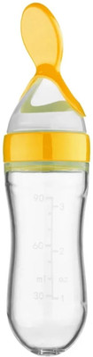 Little Chics 90ML Newborn Baby Feeding Bottle Toddler Squeeze Spoon Milk Cereal Bottle Teether and Feeder(Yellow 1)