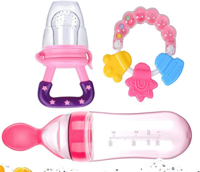 smilykid Premium Baby Squeeze Spoon Bottle| Baby Ring Rattle & Fruit Nibbler BPA Free Teether and Feeder(Pink)