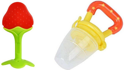 croox 2 pack Combo of One Silicone Baby fruit Feeder and One Silicone Baby teether, BPA Free Teether and fruits and vegetables Feeder(Pack of 2) Teether and Feeder(Red, Green)