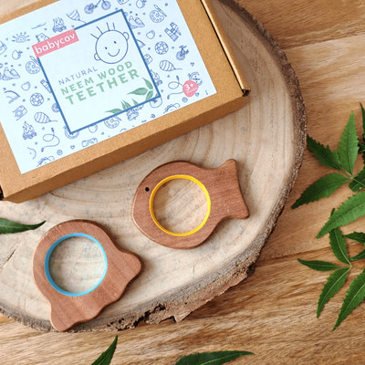 Craftpur Safe & Natural Neem Wood Teether for Babies (Set of 2) for 3+ Months Babies Teether(Brown)