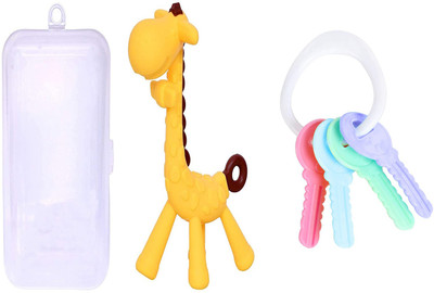 TINNY TOTS Baby Giraffe Soft Silicone Textured Teething Toy Teether With Key Shaped Teether and Feeder(YELLOW GIRAFFE)
