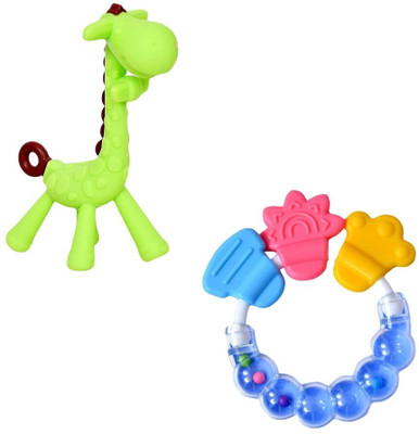 Sparkle Joy Silicone Combo Of Giraffe Shape & Rattle Handle Teethers - Multicolor Teether(GREEN&BLUE)