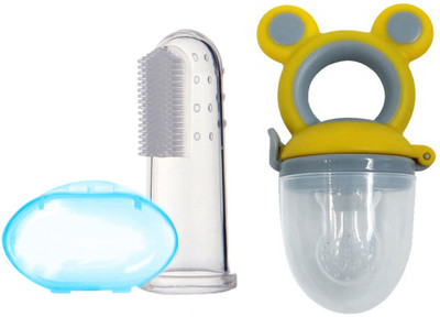 smilykid Baby Soft Bristle Silicone Finger Tooth Brush & Baby Fresh Fruit Nibbler Teether Teether(EAR BLUE)