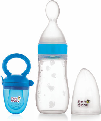 Beebaby Squeezy Food Grade Silicone Bottle Feeder & Food & Fruit Nibbler Combo for baby Teether and Feeder(Blue)