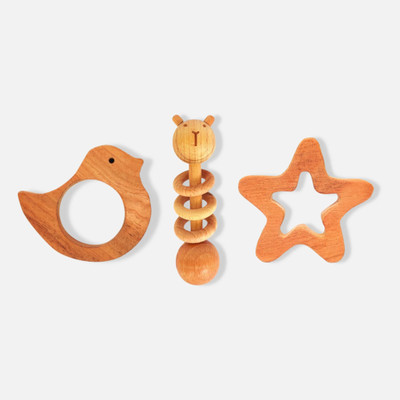 Devendra art and craft Neem Wood Teethers Rattles Combo - Bird, Star Teether and Dumbbell Rattle Teether(Brown)