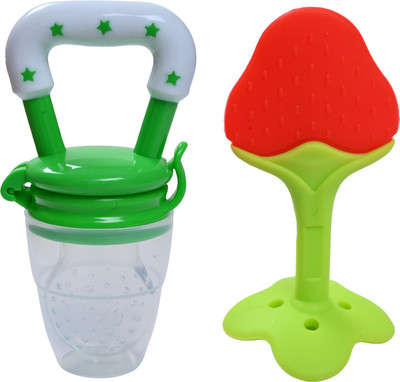 KUPEPE Fruit Feeder with Cover for 3-12 Months & BPA Free Natural Teether (Pack of 2) Teether and Feeder(Green)