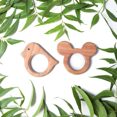 opatoys Wooden Neem Teethers - Mickey Mouse & Bird Teether(Natural)