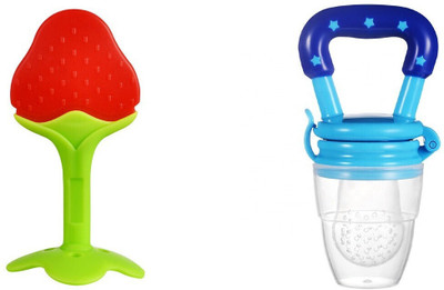 croox 2 pack Combo of One Silicone Baby fruit Feeder and One Silicone Baby teether, BPA Free Teether and fruits and vegetables Feeder(Pack of 2) Teether and Feeder(Red, Blue)