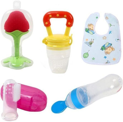 ROMYCRON Baby Spoon Bottle Feeder Teether Food-Grade BPA Free Nibbler, Finger Brush & Bib Teether and Feeder(Multicolor - 5 Pcs)