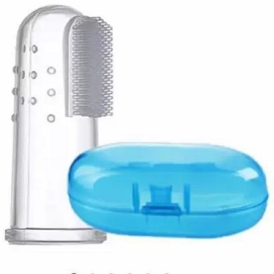 Aradent Pack Of 1 Silicone Baby Finger Brush and Tongue Cleaner With Case Teether and Feeder(Blue)