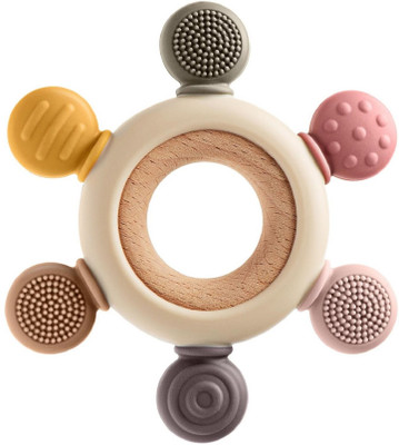 HM EVOTEL Baby 2 in 1 Teething Toy Silicone Neem Wood Teether Chewing Mouthing Sensory Teether(Multicolor)