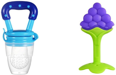 croox 2 pack Combo of One Silicone Baby fruit Feeder and One Silicone Baby teether, BPA Free Teether and Feeder Teether and Feeder(Blue, Green)