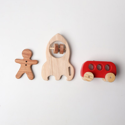 opatoys Wooden Neem Human Teether, Rocket Rattle and Racing Bus Toys for New Born Teether(Multicolor)