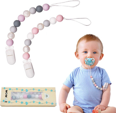 ELEPHANTBOAT 2Pcs Pacifier Chain with Pacifier Clips, Baby Teether Holder Belt Pacifier Clip Teether(Pink)