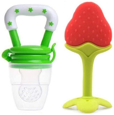 Kidsify Nibbler Soother for Babies Fruit Feeder Kids Nipple Pacifier for Fruit Vegetable and Fruit Shape Silicone Teether (Set of 2) Teether(Green,Red)