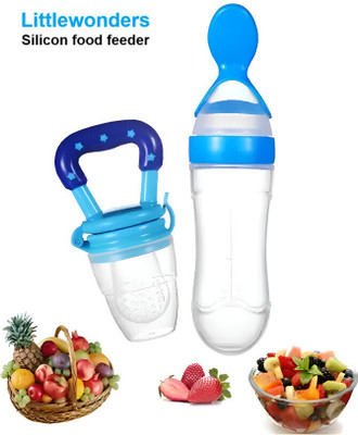 Littlewonders Baby Squeezy Food Grade Silicone Feeder Bottle with Spoon Feeder For Baby - 90ml Teether and Feeder(Multicolor)