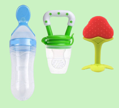 GRAYSEE Silicone Squeeze Food & Fruit Feeding Spoon Bottle, Teether, Pacifier, Nipple Teether and Feeder(Multicolor - TYP3)