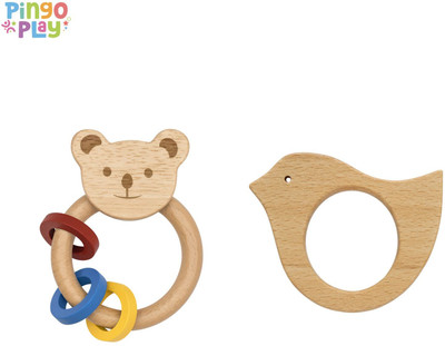 Pingo Play Premium Wooden Rattle & Teether Combo | Natural Beech Wood, Non-Toxic Teether(Beige)