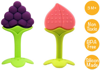 K3NTERPRISES Silicone BPA Free Fruit Shape Teethers for Baby/Infants (Grapes & Peach) Teether(Grapes & Peach)